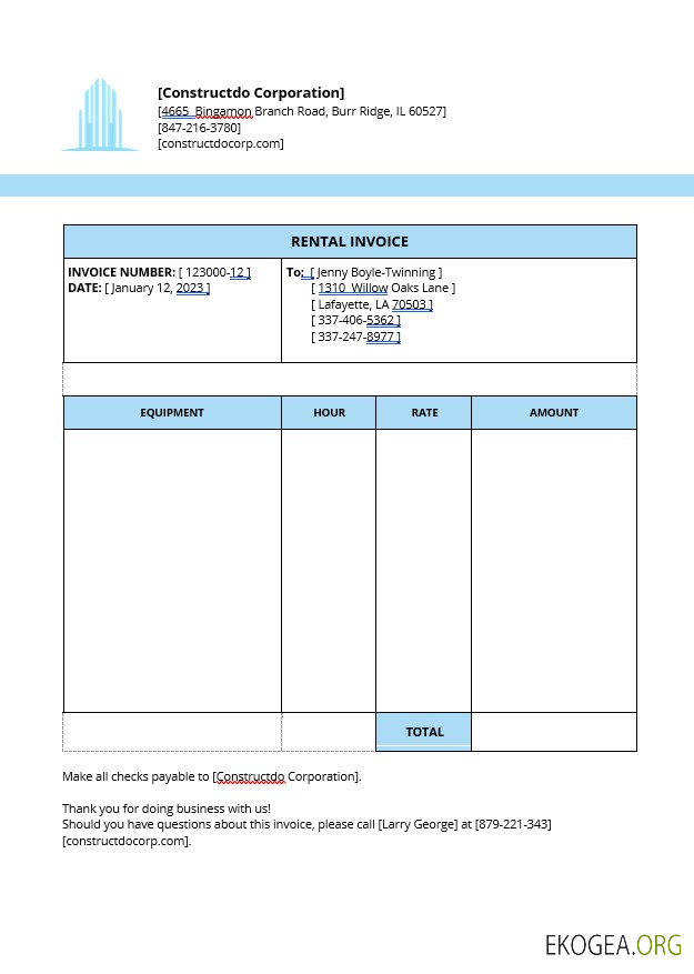 Modèle de facture de location d'équipement